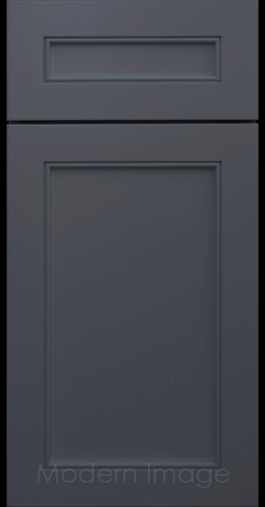 Highland Sea matte painted Shaker kitchen cabinet door with wide rails and a flat center panel.